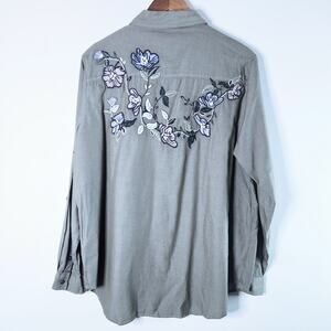 Westport Womens Dark Gray Floral Embroidered Button Up Blouse Size 1X Western